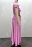Pink Casual Stripe Buckle Strap Design Turndown Collar Long Dresses