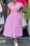 Pink Casual Stripe Buckle Strap Design Turndown Collar Long Dresses