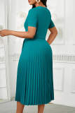 Green Elegant Solid Color With Belt Pleated V Neck Long Dresses
