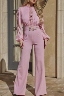 Pink Casual Solid Color Hollow Out With Belt O Neck Bodycon Jumpsuits