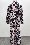 Pink Black Casual Print Buckle Turndown Collar Long Sleeve Two Pieces