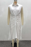 White Sexy Solid Color Buckle Ruched Turndown Collar Wrapped Skirt Dresses