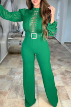 Green Casual Solid Color Hollow Out With Belt O Neck Bodycon Jumpsuits