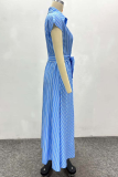 Pink Casual Stripe Buckle Strap Design Turndown Collar Long Dresses