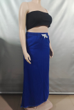 Blue Casual Solid Color Draw String Loose Patchwork Bottoms