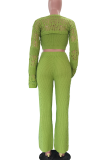 Apricot Casual Solid Color Hollow Out O Neck Long Sleeve Three Pieces