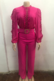 Rose Red Casual Solid Color Hollow Out With Belt O Neck Bodycon Jumpsuits