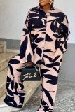 Pink Black Casual Print Buckle Turndown Collar Long Sleeve Two Pieces