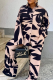 Pink Black Casual Print Buckle Turndown Collar Long Sleeve Two Pieces