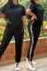 Black Casual Letters Draw String Patchwork O Neck Short Sleeve Two Pieces