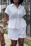 White Casual Solid Color Draw String Turndown Collar Short Sleeve Two Pieces