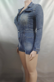Blue Casual Solid Color Buckle Turndown Collar Regular Rompers