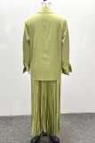 Green Celebrities Solid Color Pleated Turndown Collar Long Sleeve Two Pieces