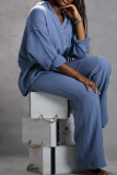 Blue Casual Solid Color Buckle Turndown Collar Long Sleeve Two Pieces