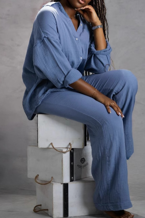 Blue Casual Solid Color Buckle Turndown Collar Long Sleeve Two Pieces