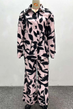 Pink Black Casual Print Buckle Turndown Collar Long Sleeve Two Pieces