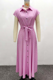Pink Casual Stripe Buckle Strap Design Turndown Collar Long Dresses