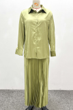 Green Celebrities Solid Color Pleated Turndown Collar Long Sleeve Two Pieces