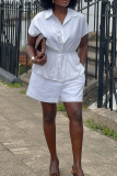 White Casual Solid Color Draw String Turndown Collar Short Sleeve Two Pieces