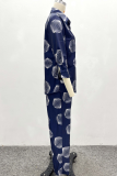 Tibetan Blue Casual Print Buckle Turndown Collar Long Sleeve Two Pieces