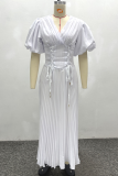 White Elegant Solid Color Cross Straps V Neck Long Dresses