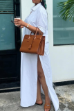 White Casual Solid Color Buckle High Slit Slit Turndown Collar Shirt Dresses