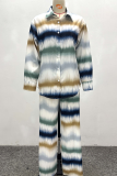 Multicolor Casual Stripe Buckle Turndown Collar Long Sleeve Two Pieces
