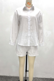 White Casual Solid Color Buckle Turndown Collar Short Sleeve Two Pieces