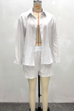 White Casual Solid Color Buckle Turndown Collar Short Sleeve Two Pieces