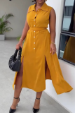 Yellow Elegant Solid Color Buckle Slit Turndown Collar Long Dresses