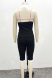 Black Sexy Buckle Contrast Turndown Collar Sleeveless Two Pieces