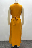 Yellow Elegant Solid Color Buckle Slit Turndown Collar Long Dresses
