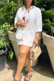 White Casual Solid Color Buckle Turndown Collar Short Sleeve Two Pieces