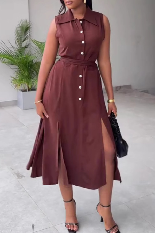 Brown Elegant Solid Color Buckle Slit Turndown Collar Long Dresses