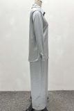 Grey Casual Solid Color Buckle Shirt Collar Long Sleeve Two Pieces