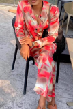 Red Casual Print Buckle Turndown Collar Long Sleeve Two Pieces