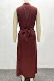 Yellow Elegant Solid Color Buckle Slit Turndown Collar Long Dresses