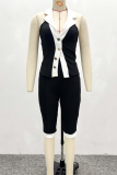 Black Sexy Buckle Contrast Turndown Collar Sleeveless Two Pieces
