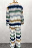 Multicolor Casual Stripe Buckle Turndown Collar Long Sleeve Two Pieces