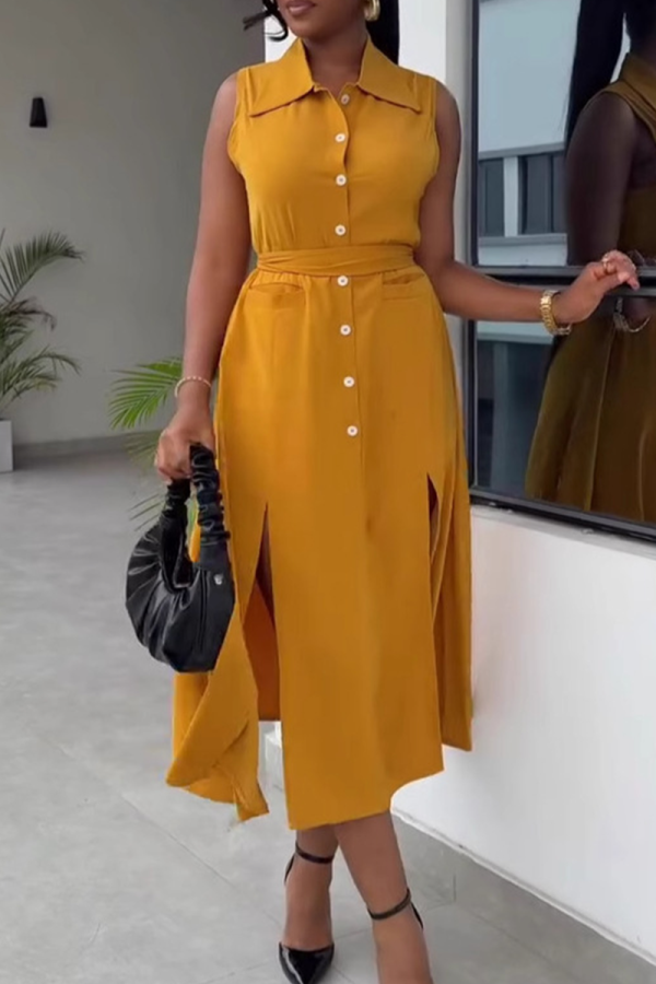 Yellow Elegant Solid Color Buckle Slit Turndown Collar Long Dresses