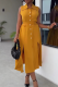 Yellow Elegant Solid Color Buckle Slit Turndown Collar Long Dresses