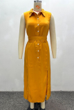 Yellow Elegant Solid Color Buckle Slit Turndown Collar Long Dresses