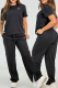 Black Casual Letters Embroidered O Neck Short Sleeve Two Pieces
