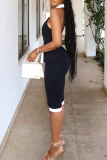 Black Sexy Buckle Contrast Turndown Collar Sleeveless Two Pieces