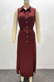 Yellow Elegant Solid Color Buckle Slit Turndown Collar Long Dresses
