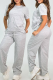 Grey Casual Letters Embroidered O Neck Short Sleeve Two Pieces