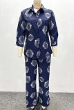 Tibetan Blue Casual Print Buckle Turndown Collar Long Sleeve Two Pieces