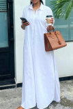 White Casual Solid Color Buckle High Slit Slit Turndown Collar Shirt Dresses