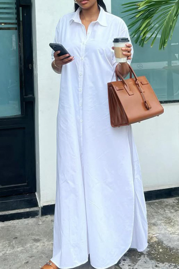 White Casual Solid Color Buckle High Slit Slit Turndown Collar Shirt Dresses