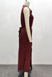 Yellow Elegant Solid Color Buckle Slit Turndown Collar Long Dresses